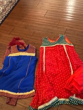 Girls Red and Blue Festive Party Dresses with Gold Trim